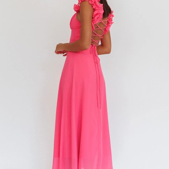 Saints and Secrets by Selfie Leslie Eloquent Lace-Up Back Maxi Dress Hot Pink - Picture 2 of 2
